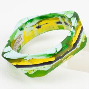 Vintage Missoni Italy Lucite Bracelet Bangle Carved Multicolor Green Camouflage